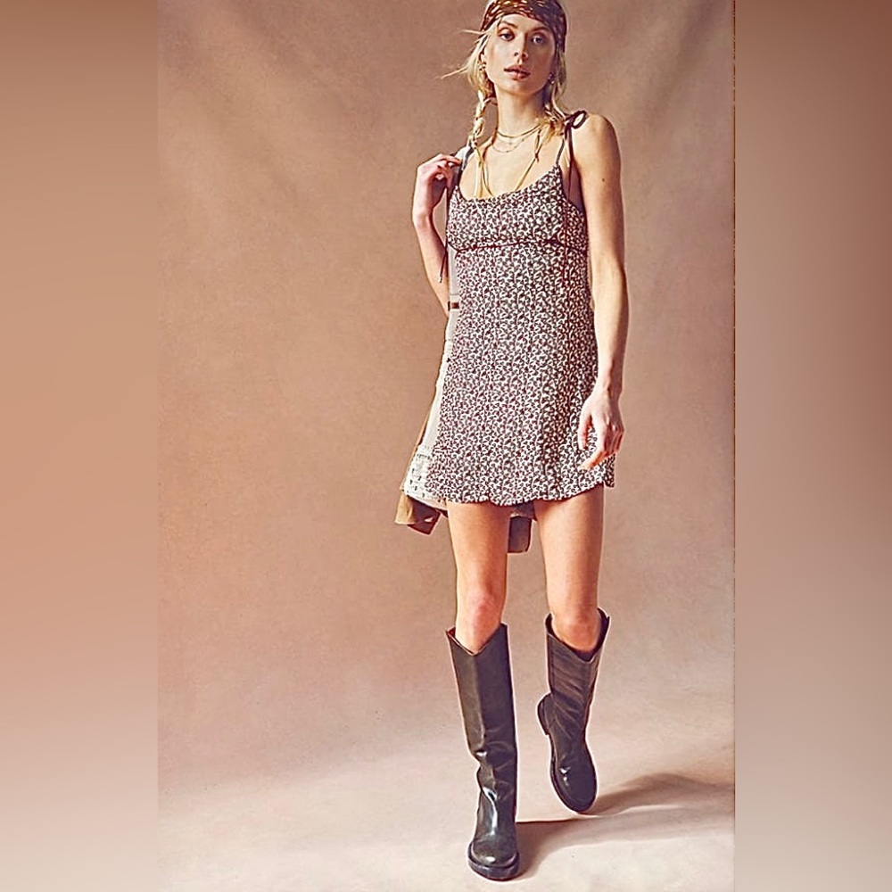 Free People Kai Soft Abstract Print Tie Strap Empire Waist Mini Dress Size XS